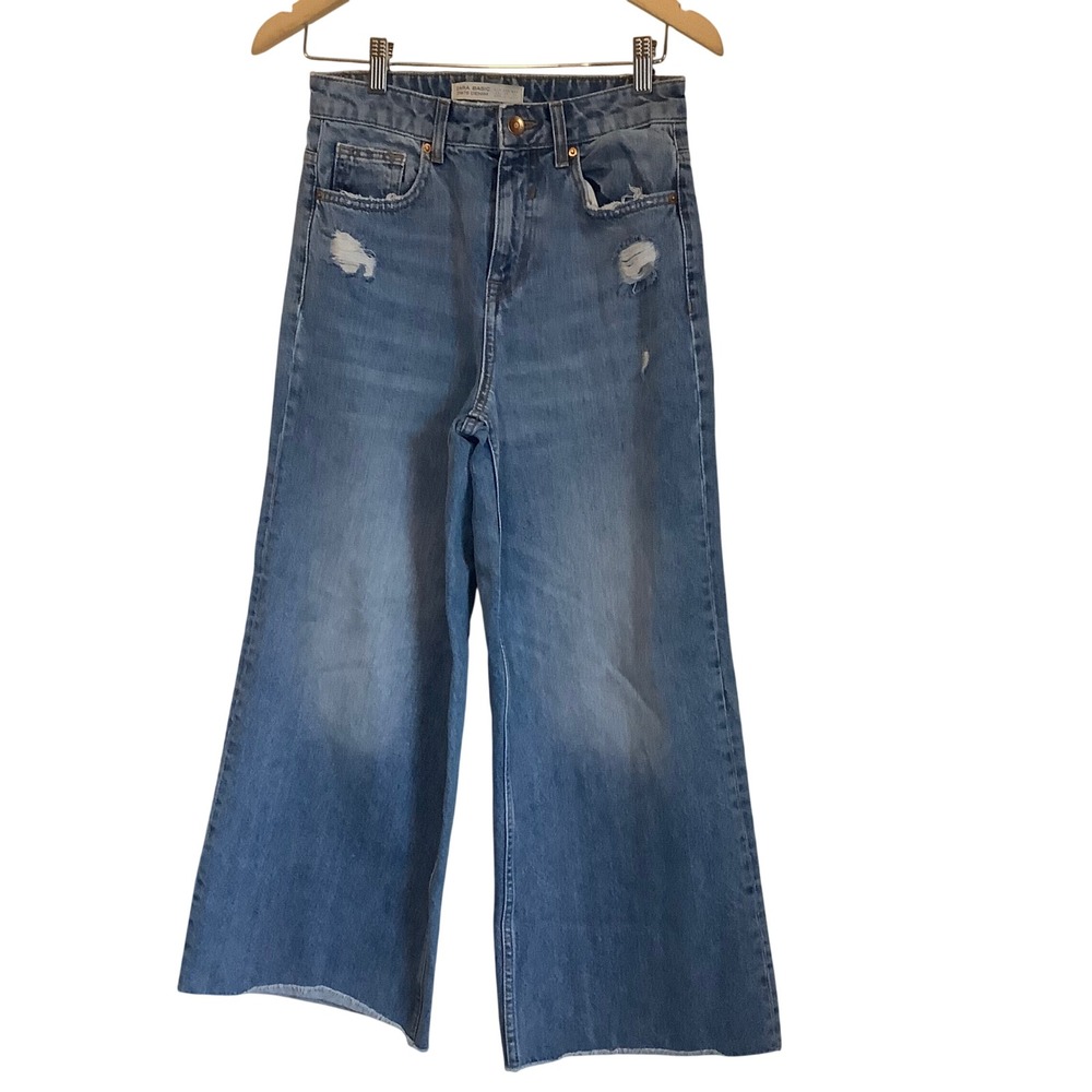 Zara Basic Z1975 Denim Wide‎ Leg Distressed Raw Hem Jeans Blue Size 2